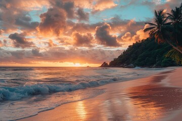Wall Mural - beach in sunset time on Mahe island in Seychelles