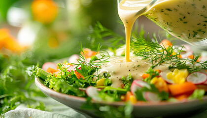 Pouring Dressing on Garden Salad on a light green cloth and light blur background