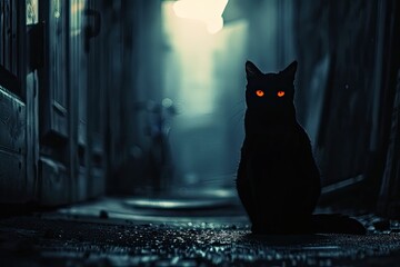 A black cat with piercing, glowing eyes sitting in a dark alley, with shadows and dimly lit surroundings enhancing the mysterious atmosphere