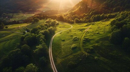 Poster - Aerial view of road in green meadows at sunset in summer Top view from drone of rural road mountains forest Beautiful landscape with roadway sun rays trees hills green grass clouds Slo : Generative AI