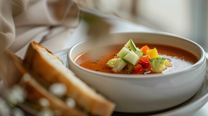 Wall Mural - A refreshing gazpacho soup, garnished with diced cucumber, bell peppers, and a drizzle of olive oil, served in a chilled white bowl with a side of crusty bread