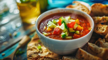 Wall Mural - A refreshing gazpacho soup, garnished with diced cucumber, bell peppers, and a drizzle of olive oil, served in a chilled white bowl with a side of crusty bread