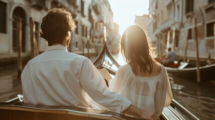 A romantic gondola ride in Venice, with a couple holding hands and enjoying the scenic canals and historic architecture