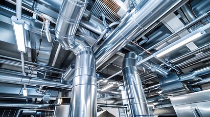 Ventilation industrial equipment Pipes for air purification in production Ventilation in restaurant kitchens Galvanized air hoods under ceiling Metal ventilation ducts Cafe kitchen equ : Generative AI