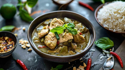 Exotic Thai green curry with chicken, coconut milk, and fragrant jasmine rice