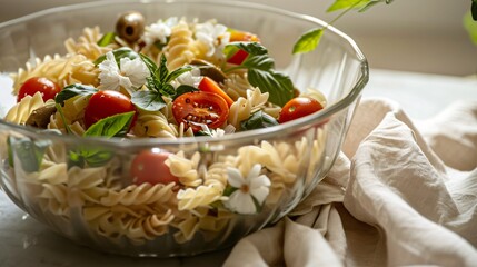 Wall Mural - A summer pasta salad with cherry tomatoes, olives, feta cheese, and fresh basil, tossed in a light vinaigrette and served in a large glass bowl