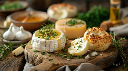 Wall Mural - A variety of goat cheeses, including logs, rounds, and crumbles, displayed on a rustic wooden board with fresh herbs and a drizzle of honey