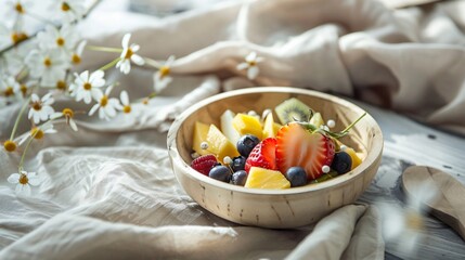 Wall Mural - A vibrant summer menu with a fresh fruit salad, featuring strawberries, blueberries, mango, and kiwi, served in a large wooden bowl on a picnic table