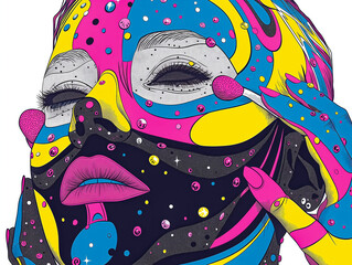 Sticker - A colorful painting of a woman with a mask on her face. The painting is abstract and has a lot of glitter and sparkles. The woman's face is painted with bright colors and has a lot of detail