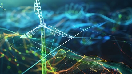 Poster - Windmill and graphic diagram of air currents that produce green energy Green energy power production it is futureRenewable energy designDigital graphic work on green energy power Produ : Generative AI