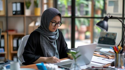Poster - Happy Asian Muslim Woman working at desk in office Businesswoman and accountant : Generative AI