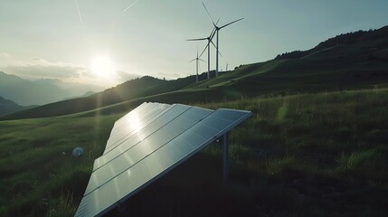 Poster - Solar panels and wind power generation equipment solar power green energy for life concept : Generative AI