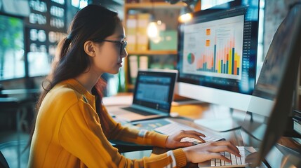 Poster - Smart Gen Z tech talent workforce typing SEO sale report on desktop PC happy work easy relax at home office Remote WFH reskill upskill job MBA study of young people asia woman examine  : Generative AI