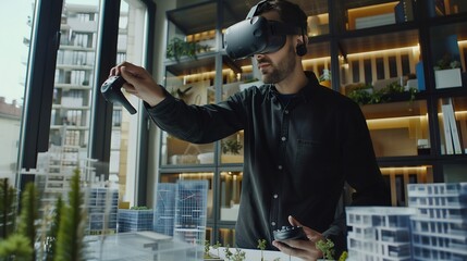 Aufkleber - Male architect uses VR headset and wireless controllers presents modern hitech building and park architectural project in virtual reality to colleagues 3D hologram Future digital AI te : Generative AI