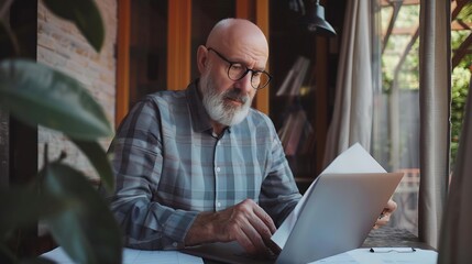 Leinwandbilder - Mature businessman in shirt doing paperwork man working with documents contracts and bills sitting at table using laptop at work financier accountant with beard and glasses : Generative AI