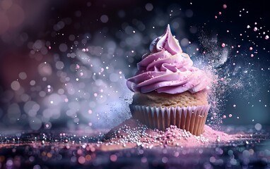 Delicious cupcake with pink frosting on bokeh background