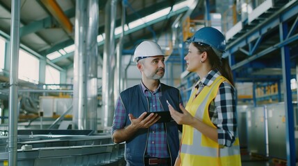 Fototapete - Female engineer and male director talking in modern industrial factory about solar panels installation solar energy for company Team management in manufacturing facility green renewabl : Generative AI