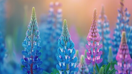Wall Mural - Blooming lupins with a blue hue in a field