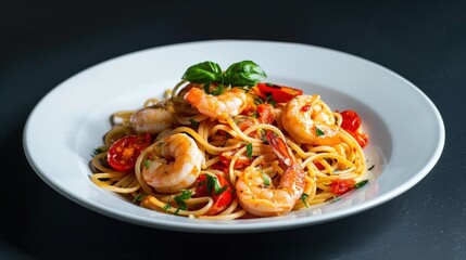 Canvas Print - A plate of shrimp pasta with basil on top. Generate AI image