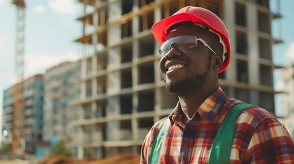 Wall Mural - Happy man engineering portrait and construction site project management or outdoor city building Face of african person builder or architecture worker in urban development or property  : Generative AI