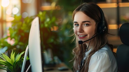Leinwandbilder - Young friendly operator woman agent with headsets working  by virsual screen with AI  business woman smile  concept for service mind in call centerHelp deskCall center : Generative AI