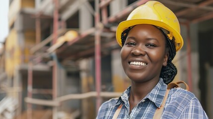 Aufkleber - Engineer construction site and portrait of a black woman outdoor for development and architecture African female contractor happy about building project engineering and safety inspecti : Generative AI