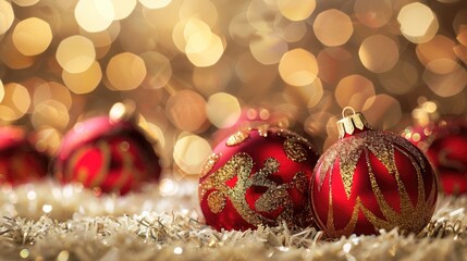 Red Christmas ornaments on a soft gold decoration