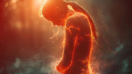 Woman experiencing chronic fatigue syndrome glowing depiction highlighting spinal nerve involvement widespread fatigue