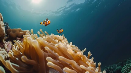 Poster - Cute anemone fish playing on the coral reef beautiful color clownfish on coral feefs anemones on tropical coral reefs : Generative AI