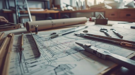 Aufkleber - A drawing of a building with a ruler and other tools on top of it