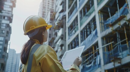Leinwandbilder - Construction woman tablet or architect blueprint with engineer planning documents or research on web for innovation idea Design engineering or tech for creative strategy in constructio : Generative AI