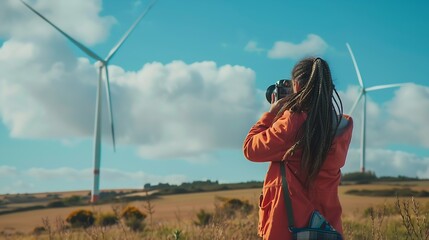 Poster - A blogger girl with bright braids shoots a story about green energy about working with wind energy and wind turbines : Generative AI