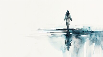 Wall Mural - Digital painting of Jesus Christ walking in the water. Watercolor style.
