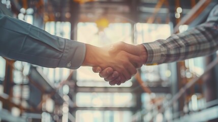 Leinwandbilder - Construction workers architects and engineers shake hands while working for teamwork and cooperation after completing an agreement in an office facility successful cooperation concept : Generative AI