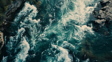 Poster - Aerial view of the waves and rapids of the wild river closeup top shot : Generative AI