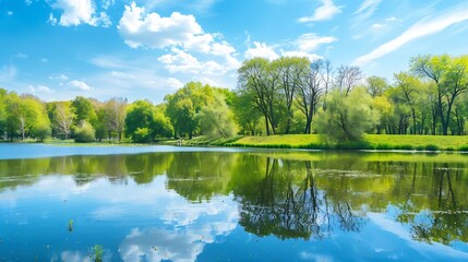 Aufkleber - Very beautiful idyllic natural panorama of city spring summer park with pond that reflects surrounding trees and blue sky on bright sunny day : Generative AI