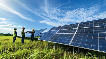 Poster - Farmers check the operation of solar cell panels for farming Modern agriculture Clean energy : Generative AI