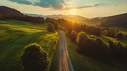 Poster - Aerial view of road in green meadows at sunset in summer Top view from drone of rural road mountains forest Beautiful landscape with roadway sun rays trees hills green grass clouds Slo : Generative AI