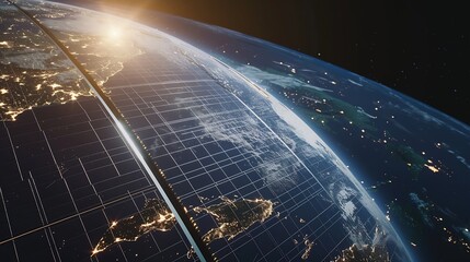Poster - solar panels surface and world map global planet electricity power supply renewable energy Clean energy and environment electricity 3D rendering : Generative AI