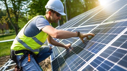 Poster - Side view of male worker installing solar modules and support structures of photovoltaic solar array Electrician wearing safety helmet while working with solar panel Concept of sun ene : Generative AI