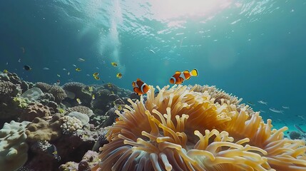 Poster - Cute anemone fish playing on the coral reef beautiful color clownfish on coral feefs anemones on tropical coral reefs : Generative AI