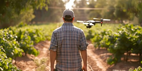 Wall Mural - Farmer uses drone to collect field data for informed irrigation decisions. Concept Agriculture, Drones, Field Data Collection, Irrigation Management, Technology