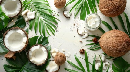 Opened coconuts with their creamy insides visible, scattered among green tropical leaves, star anise, and a jar of smooth white coconut cream on a white background.