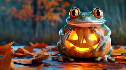 A cartoon Halloween background illustration of a 3d frog with glowing pumpkin light carving head in autumn forest October concept postcard.