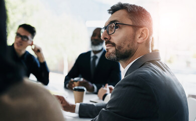 Aufkleber - Startup, planning and business people in meeting listening to ideas for sales growth in development project. Partnership, collaboration or employees talking, b2b training or speaking of kpi target