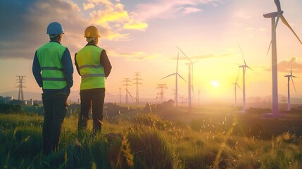 Poster - Back view of young maintenance engineers team working in wind turbine farm at sunset : Generative AI