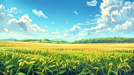 Wall Mural - Spring landscape with wheat field and growing crops under sunny sky