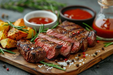 Wall Mural - Grilled Steak Slices With Roasted Potatoes and Rosemary on Wooden Cutting Board