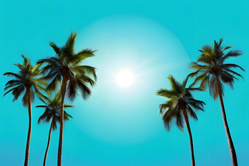 Wall Mural - A vibrant scene unfolds against a clear blue sky. Silhouettes of swaying palm trees stand tall, their fronds reaching for the sun. This tropical backdrop captures the essence of summer and relaxation.