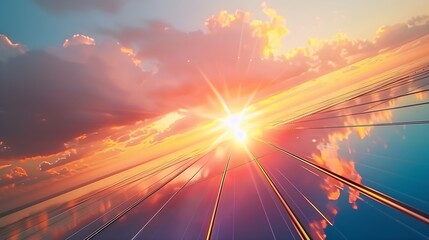 Poster - Solar Panels Star shaped Sun Rays with Vibrant Colors Sunset Sunrise Awesome Reflections on the Solar Panels Vertical Image some solar panel edges showing : Generative AI